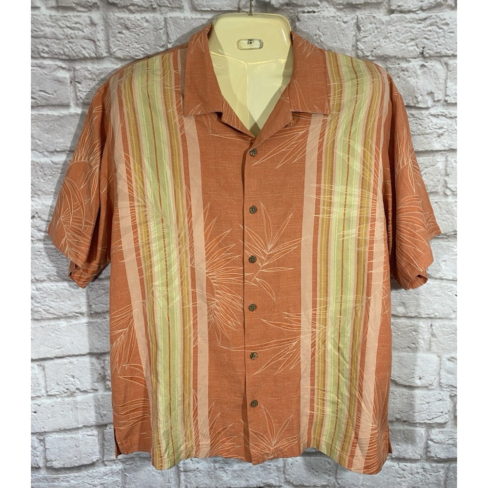 TOMMY BAHAMA SHIRT Mens Sz XL ORANGE 100% SILK Woven Stripes Tropical Camp Shirt